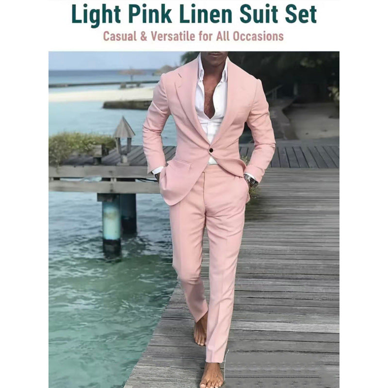 Men's light pink linen-look suit set: single-breasted jacket and matching trousers