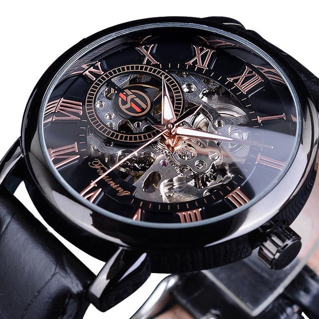 Close-up of a black wristwatch with visible mechanical components and Roman numerals.