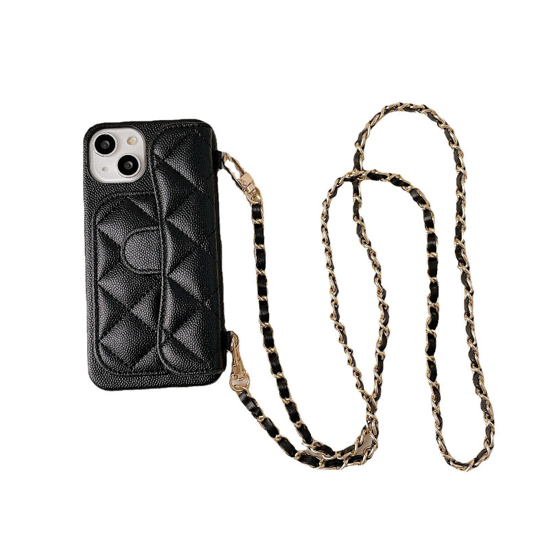 Black quilted phone case with a chain strap on a white background