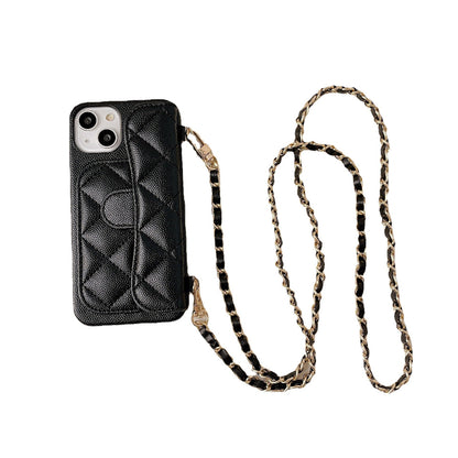 Black quilted phone case with a chain strap on a white background