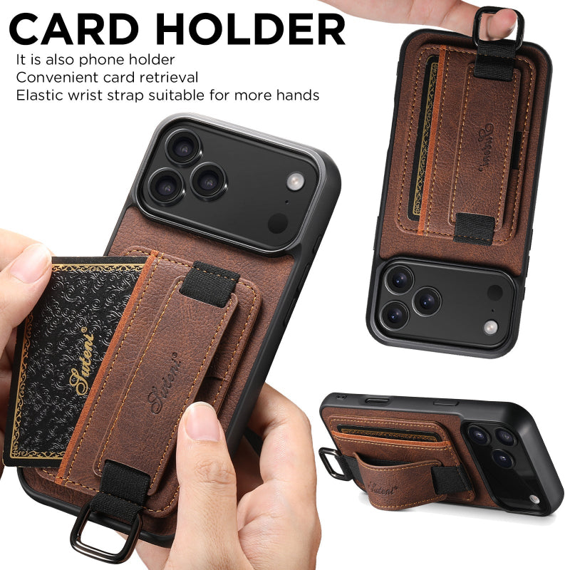 Brown phone case with card holder and wrist strap, held by a hand.
