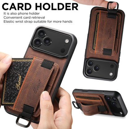 Brown phone case with card holder and wrist strap, held by a hand.