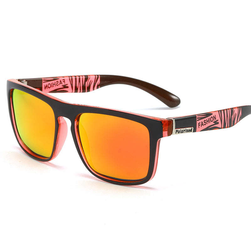 Polarized sports sunglasses with orange frame and yellow reflective square lenses