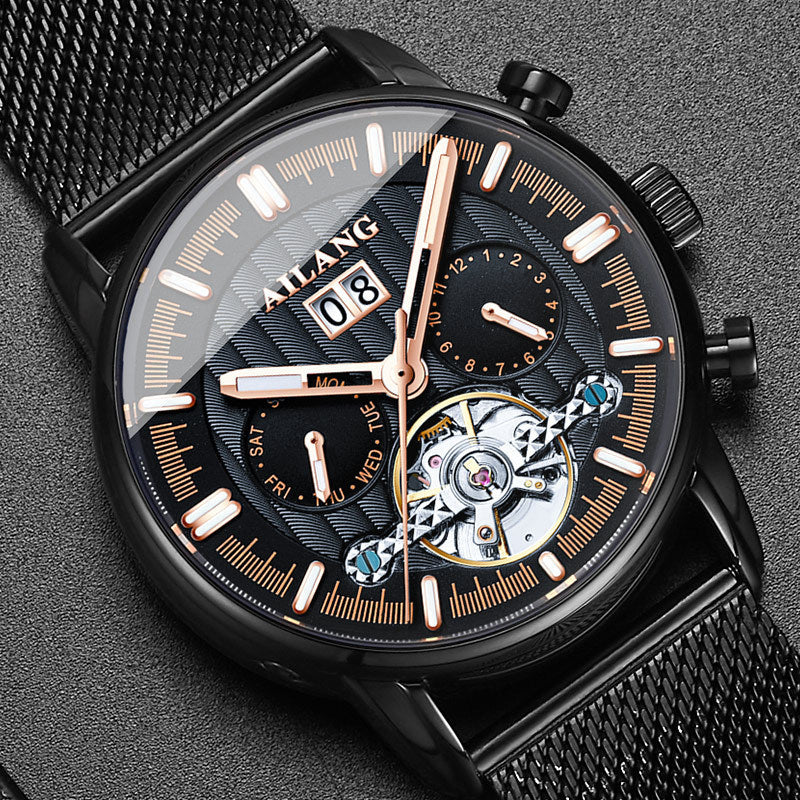 Luxury watch with black mesh band and detailed face on a dark background