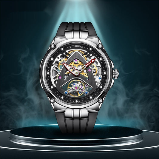 Automatic mechanical skeleton watch with black strap, silver case, exposed colorful gears