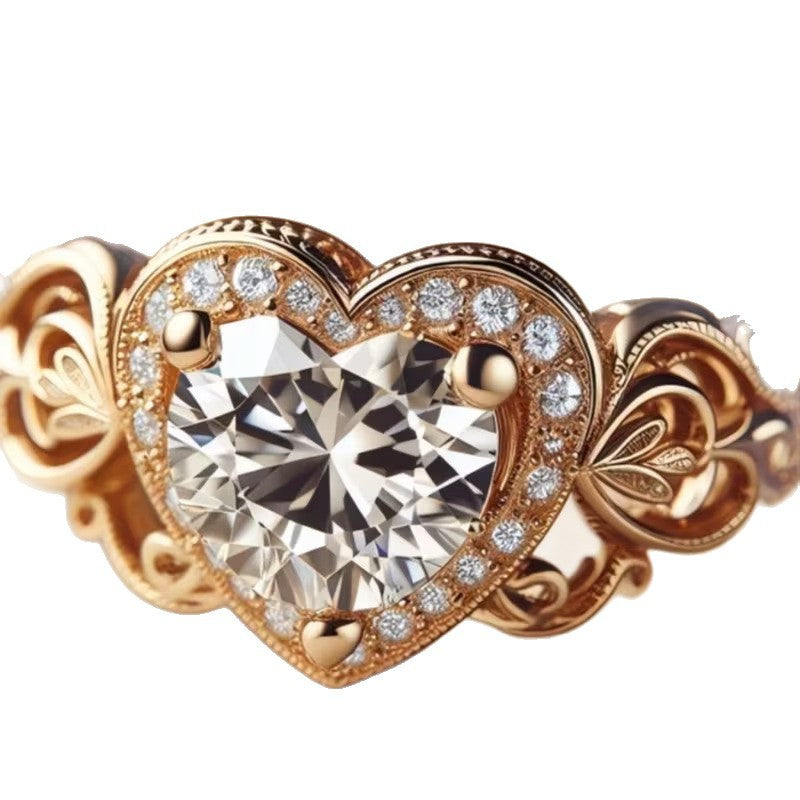 Women's gold heart zircon ring with heart-cut center stone and pavé accents