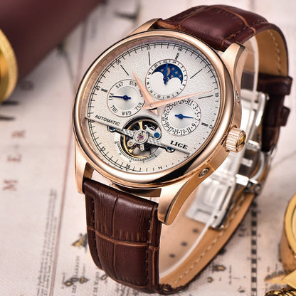 Luxury watch with brown leather strap and detailed face on a map background