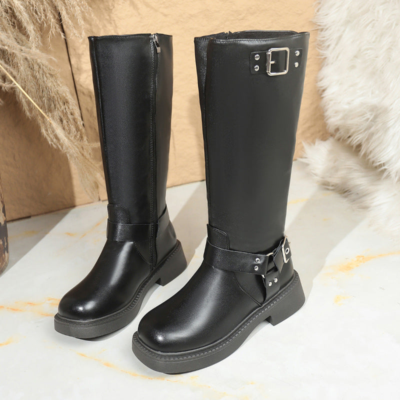 Pair of women's black high-top boots with square heel and side belt buckle
