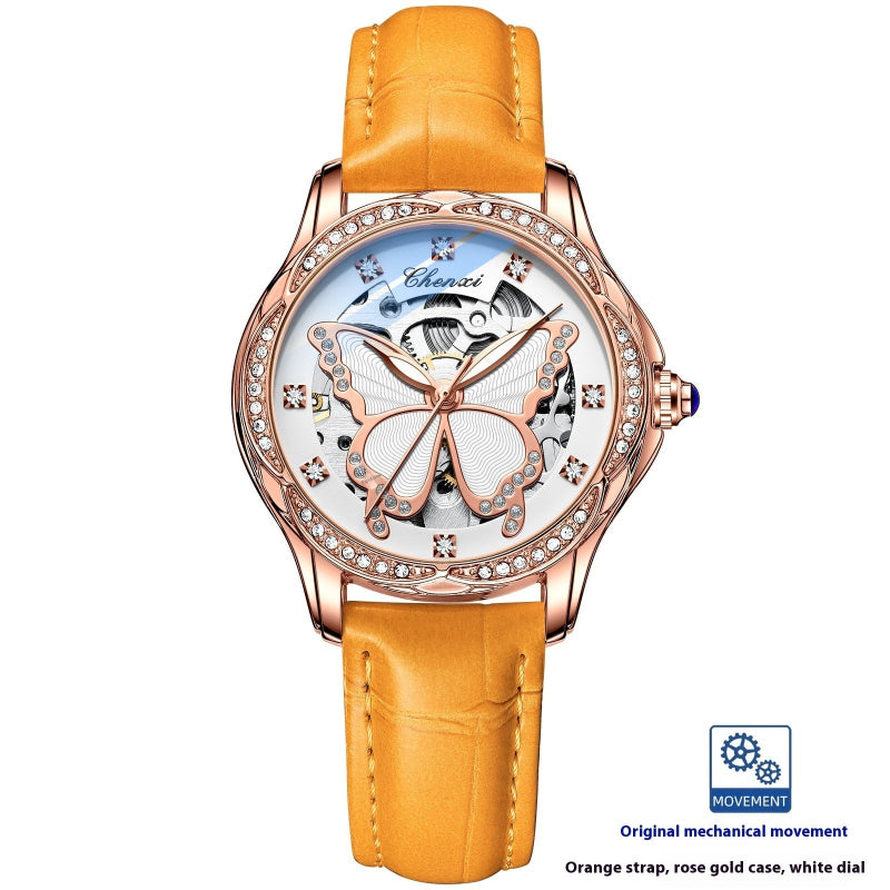 Women's diamond bezel butterfly dial watch with orange strap and rose gold case