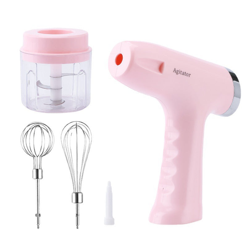 Electric whisk hand blender set in pink with wire whisk beaters and mixing cup container