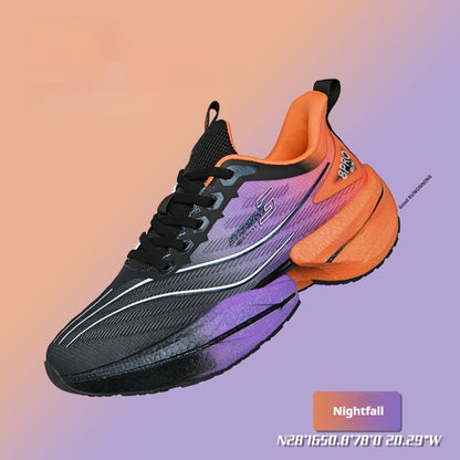 Boys racing sneaker with purple, black, and orange upper, black lace closure