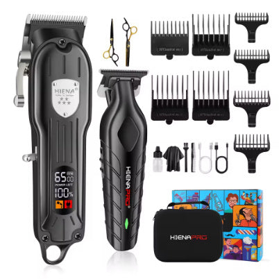 Black hair clipper set with trimmer, multiple guards, scissors, and storage case