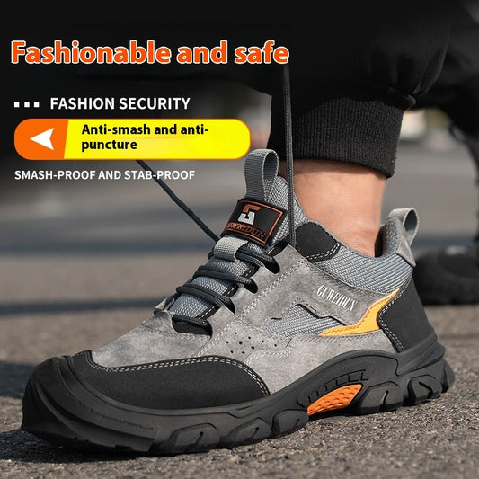 Gray and black safety shoe with orange accents on a road, featuring text about fashion security and anti-smash features.