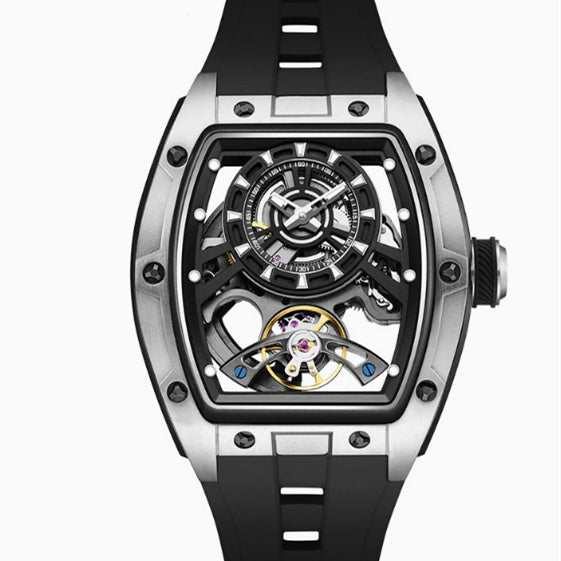 Barrel-shaped transparent automatic mechanical watch, black rubber strap, visible skeleton dial
