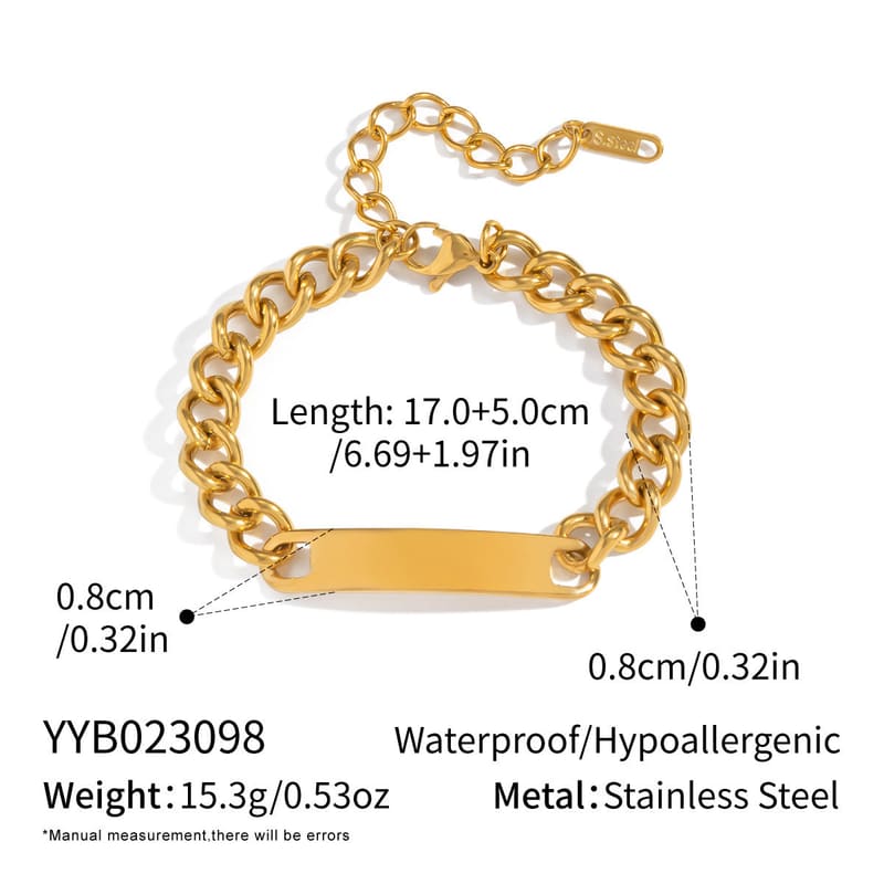 Gold-tone curb ornament bracelet with flat bar plate and heart-link edges