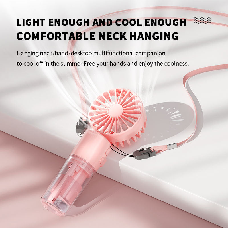Pink handheld spray fan with transparent mist chamber and angled sprayer nozzle