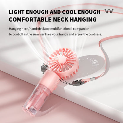 Pink handheld spray fan with transparent mist chamber and angled sprayer nozzle
