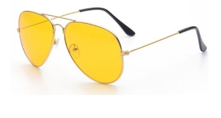 Unisex sunglasses with gold frame and yellow mirrored lenses, oval aviator style.