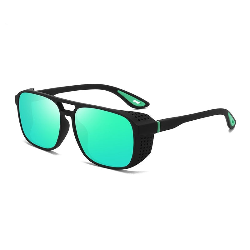 Sunglasses with green reflective lenses and black frames on a white background