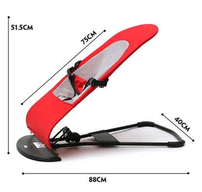 Foldable baby bouncer with red fabric seat, gray mesh insert, safety harness, and black frame
