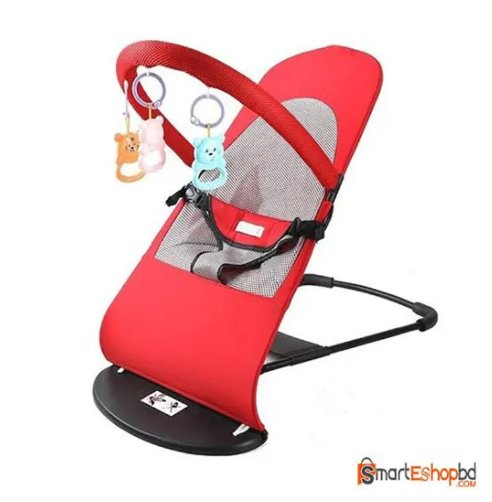 Red baby bouncer with gray mesh seat, safety harness, toy bar, and hanging toys
