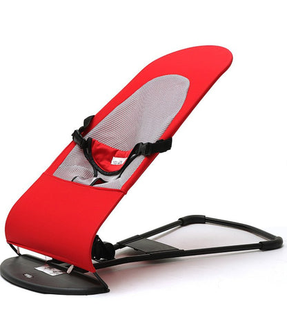 Red baby bouncer with gray mesh insert, safety harness, and black metal frame