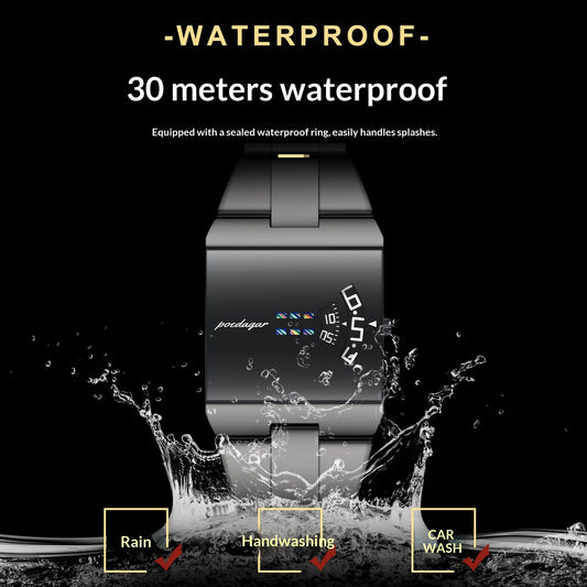 Ultra-thin quartz watch with black case and dark face, glowing blue digital display