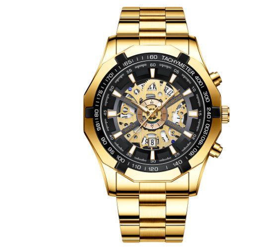 Men's skeleton quartz watch with gold-tone case, black bezel, and gold skeleton dial.