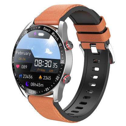 Smartwatch with a brown leather strap on a white background