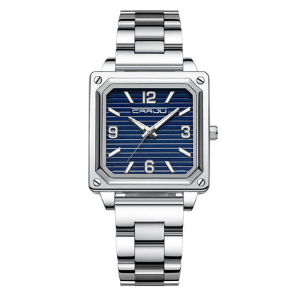 Unisex square waterproof quartz watch, silver metal bracelet, blue dial with gold hands