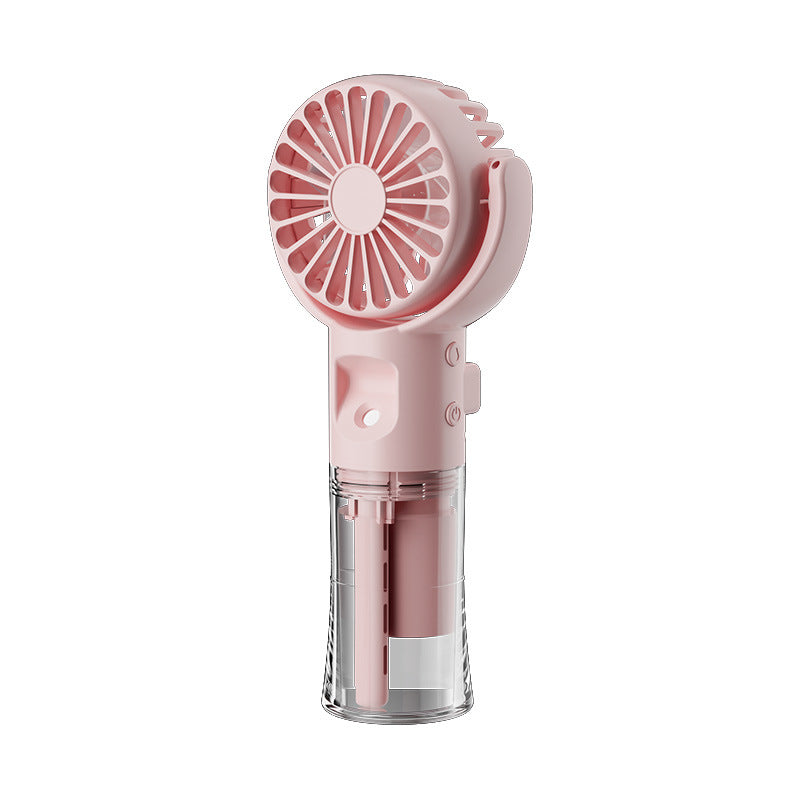 Portable 4-speed handheld fan in blush pink with clear base cup and side handle