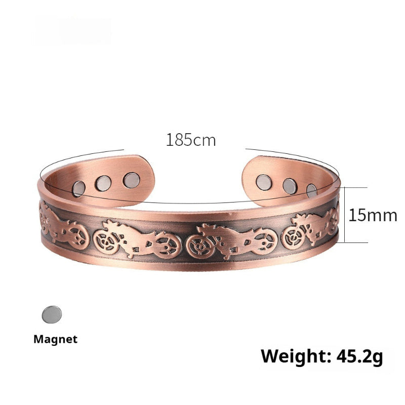 Copper-tone magnetic bracelet with engraved border pattern and three round snap points