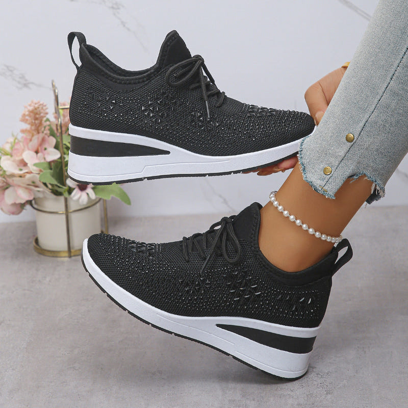 Breathable wedge sneakers, black knit mesh lace-up with patterned upper and white platform wedge
