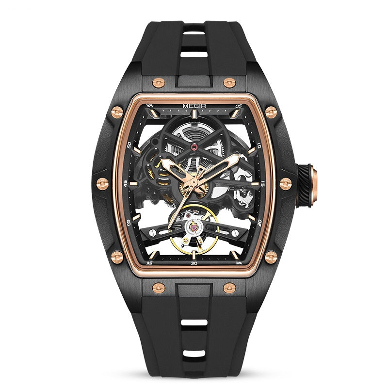 Black and rose gold watch with visible brand name on a white background