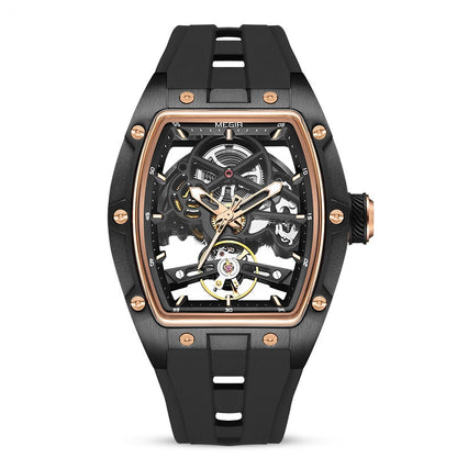 Black and rose gold watch with visible brand name on a white background