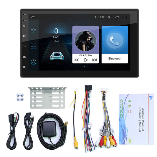 Car multimedia system with touchscreen display and various cables and brackets on a white background. YAXSO STORE 