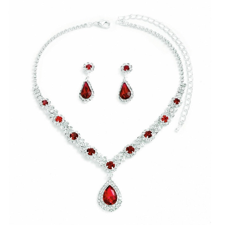 Red crystal water-drop bridal set with teardrop pendant necklace and drop earrings.