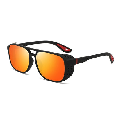 Sunglasses with black frame and orange-red lenses on a white background