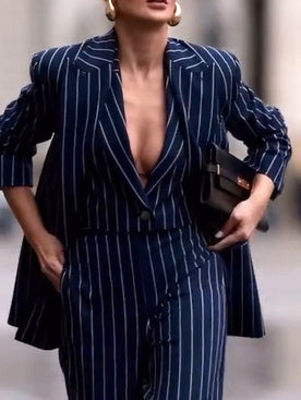 Women's Striped Blazer & High Waist Pants Set
