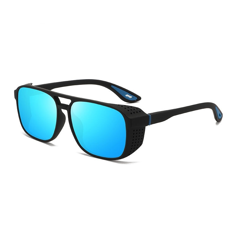 Sunglasses with black frame and blue reflective lenses on a white background