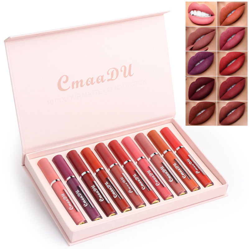 Open matte liquid lipstick gift set with multiple shade tubes arranged inside