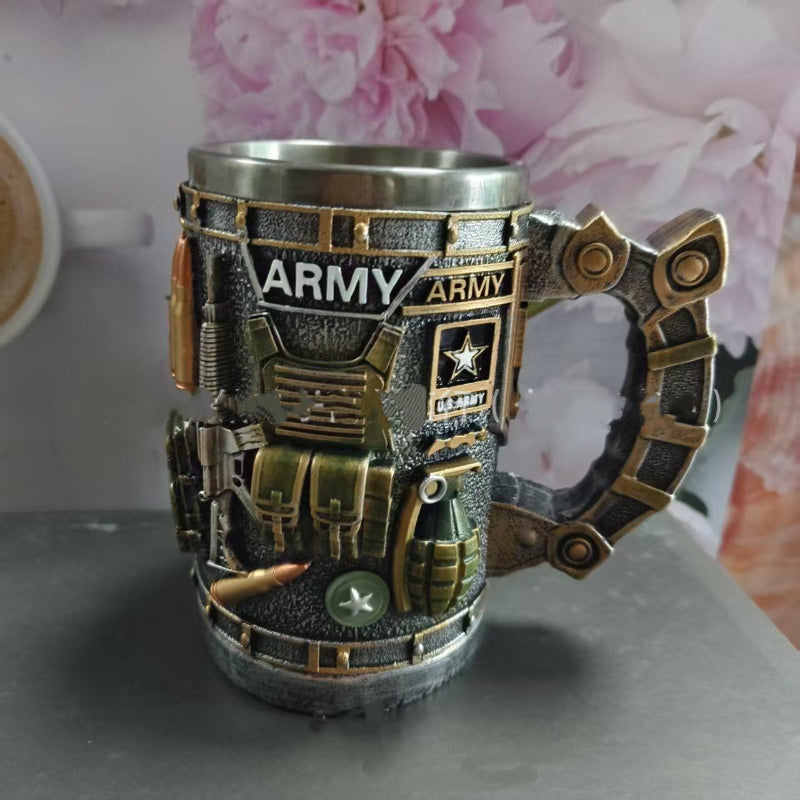 Decorative mug with army design on a surface with a blurred background