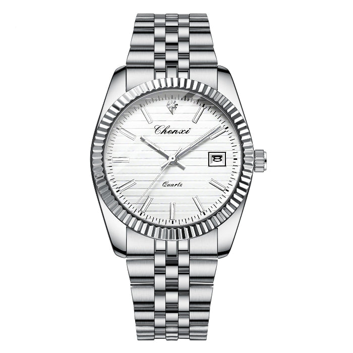Silver wristwatch with a white dial on a white background