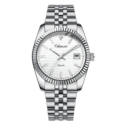 Silver wristwatch with a white dial on a white background