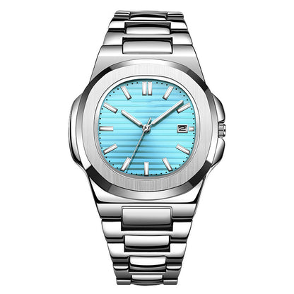 Silver watch with a blue face on a white background