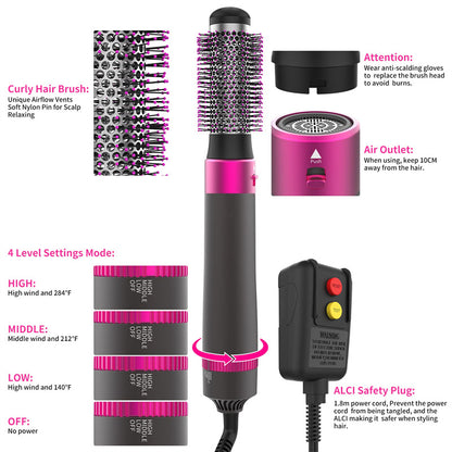 Hair styling tool with brush head, air outlet, and control panel on a white background