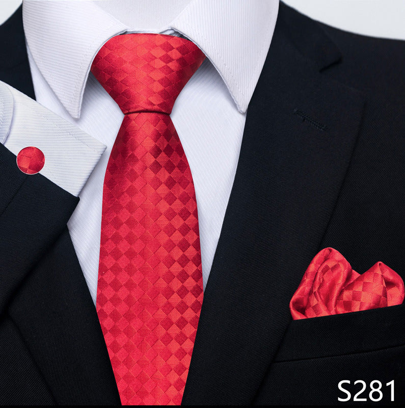 Men's formal tie scarf cuff buckle set in bright red diamond pattern with tie and pocket square