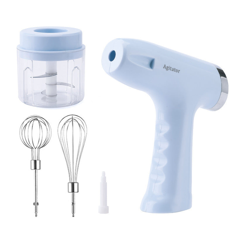 Electric whisk hand blender set in blue with wire whisk beaters and mixing cup container