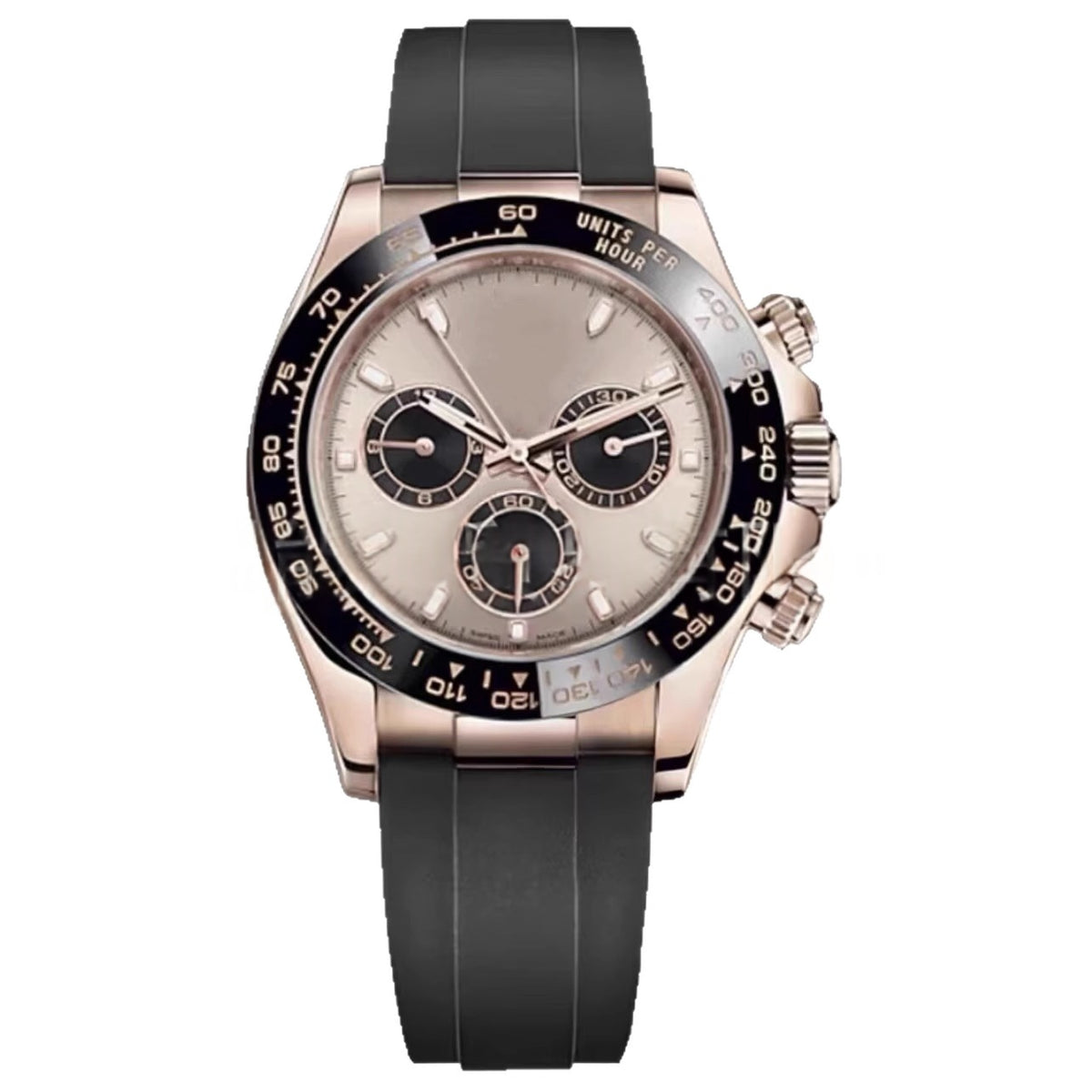 Mechanical wristwatch on black rubber strap, rose-gold case; light champagne dial with 3 subdials