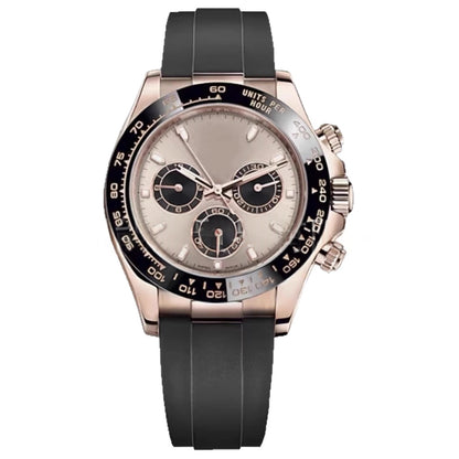 Mechanical wristwatch on black rubber strap, rose-gold case; light champagne dial with 3 subdials